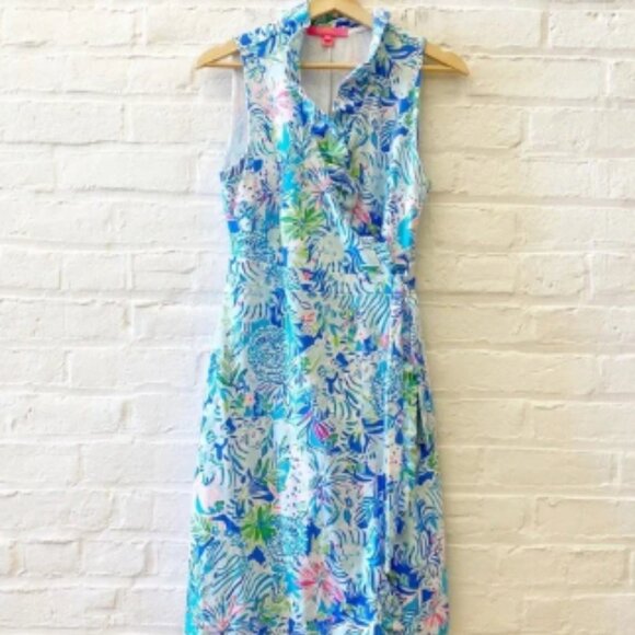 Lilly Pulitzer || Romee Ruffle Wrap Dress Coastal Blue Lion Around Small - Picture 1 of 6